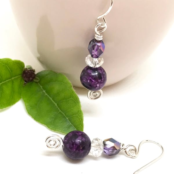 Sale - Purple Jasper and Crystal Earrings