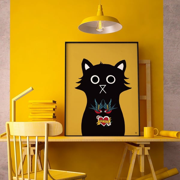 Black Cat Print, Traditional Tattoo Print, Tattoo Fan Gift, Swallow Tattoo Print