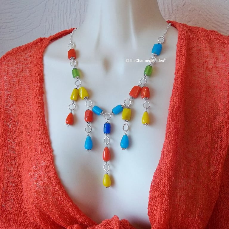 Tropical Sunshine Multicoloured Glass Bead Drop Necklace & Earrings Set, OOAK