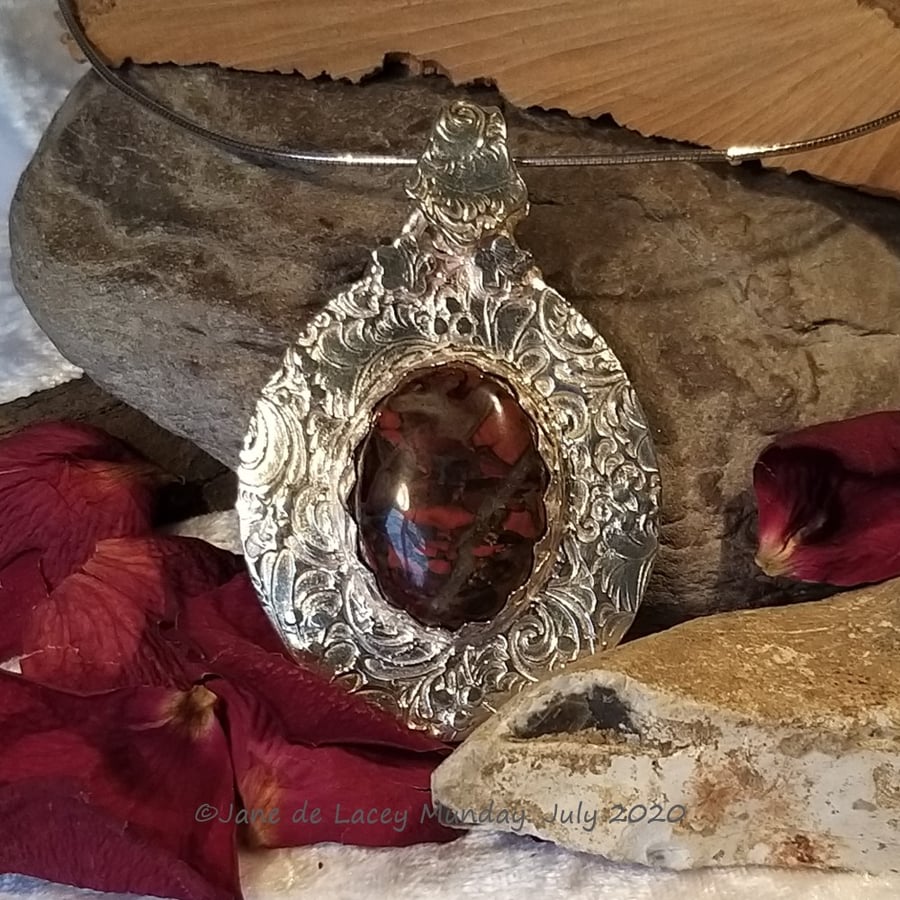 Handcrafted Fine Silver Pendant with Brasicated Jasper Cabachon