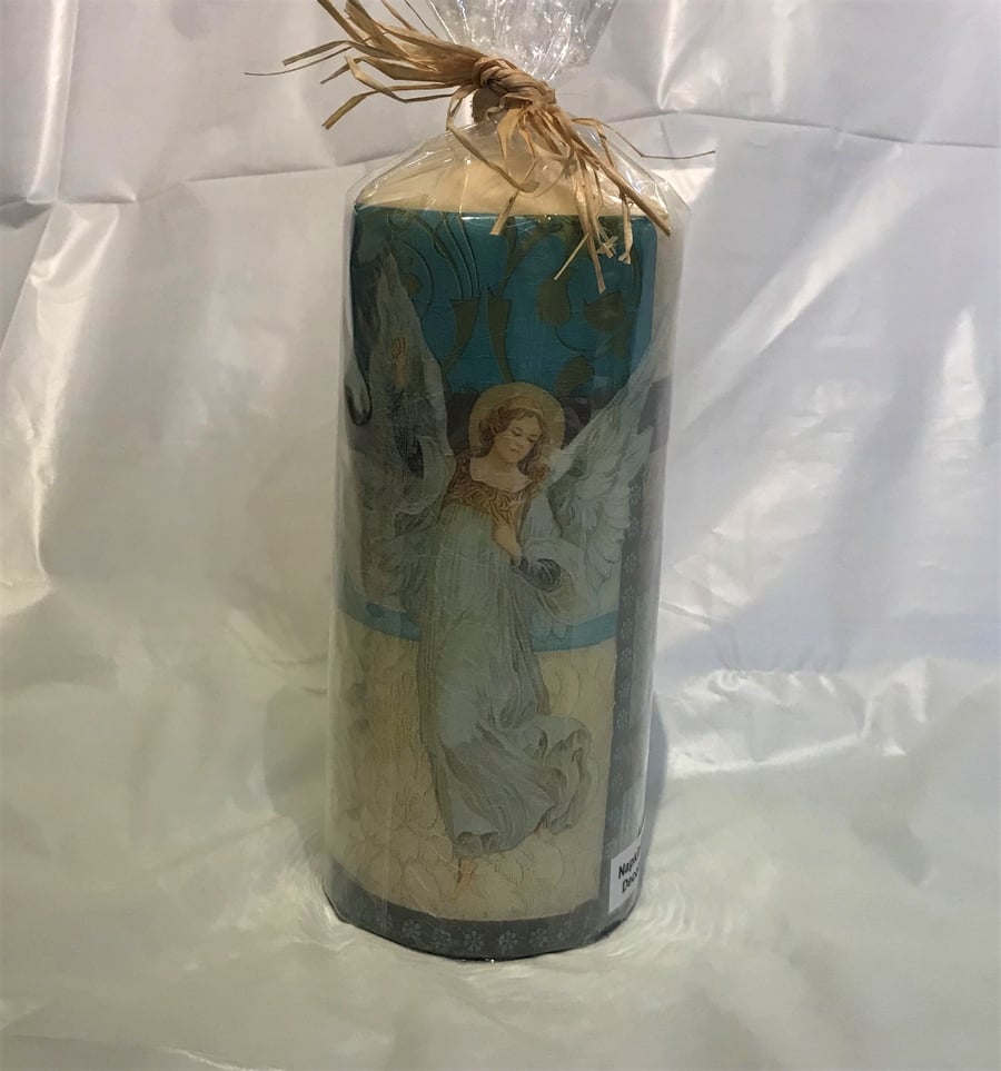 Decorated Candle Angels Collage Blue Christmas Decoupage Unusual 18cms