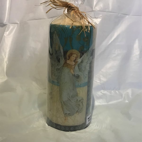 Decorated Candle Angels Collage Blue Christmas Decoupage Unusual 18cms