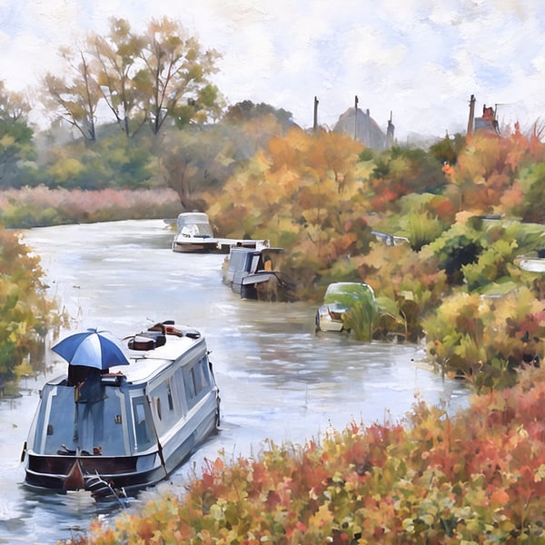 Autumn Time Boat on the Fens Norfolk  A5 Greeting Card 