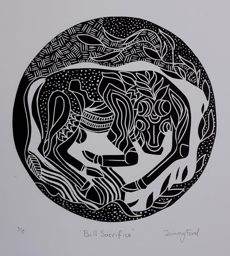 Celtic Bull - linocut print.