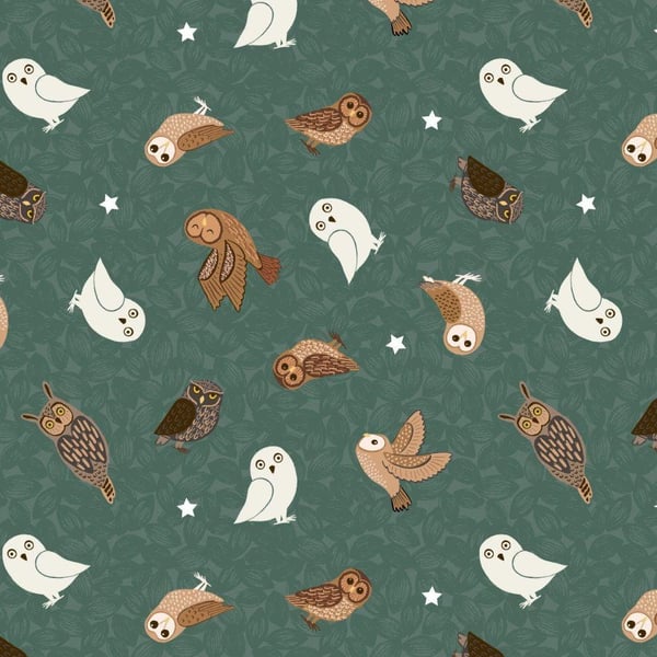 Fat Quarter Glow In The Dark Owls On Woodland Green 100% Cotton Quilting Fabric