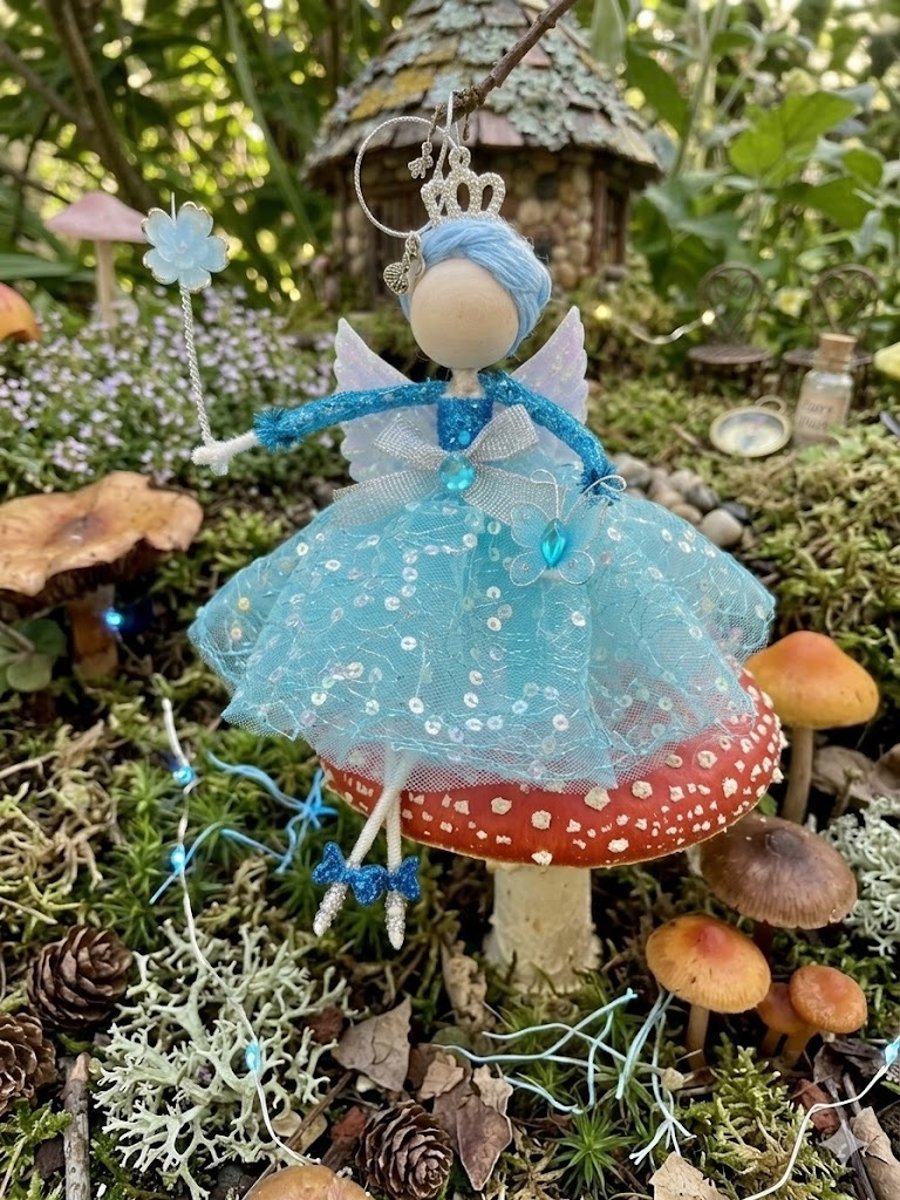 Pretty handmade blue hanging flower fairy , nursery decor, baby shower, playroom