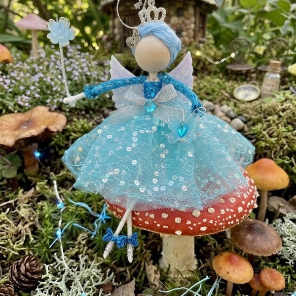 Pretty handmade blue hanging flower fairy , nursery decor, baby shower, playroom