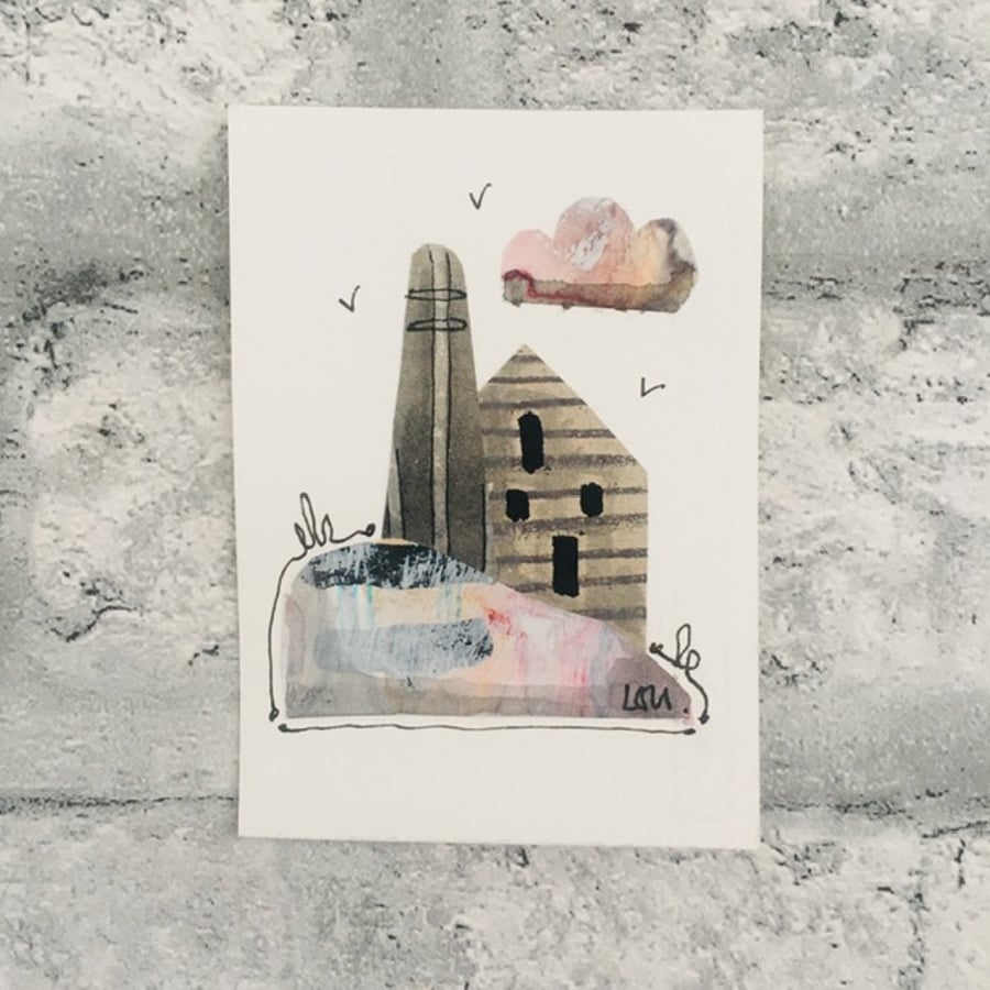 Original art ACEO in watercolour and collage Cornish tin mine 
