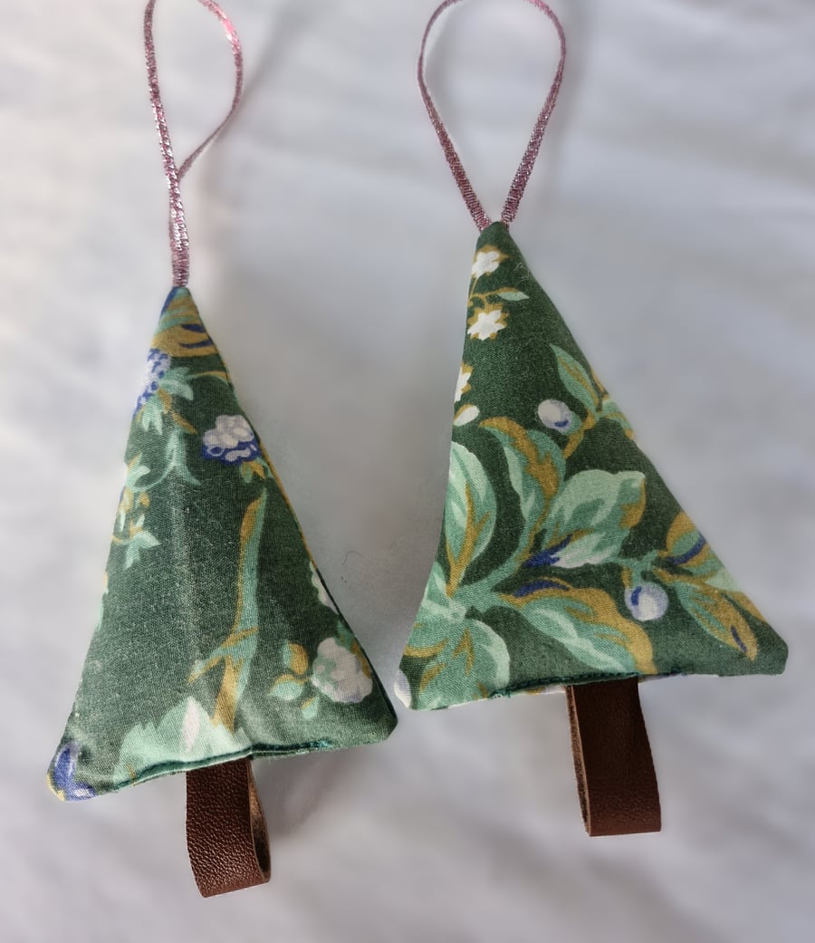 Pair of hand crafted fabric christmas tree decorations with leather trunk