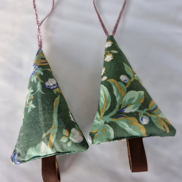 Pair of hand crafted fabric christmas tree decorations with leather trunk