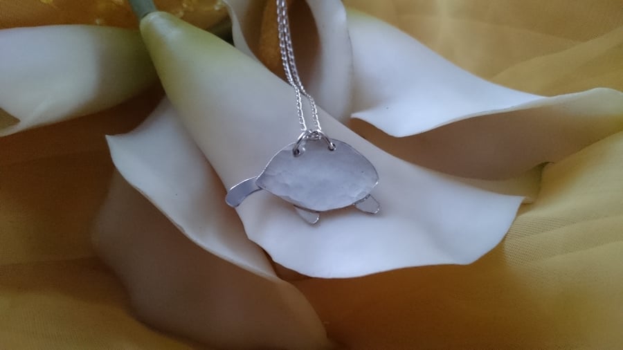 Hammered turtle sterling silver necklace