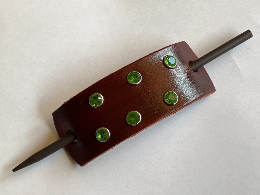 Dyed Brown Leather Hair Stick Barrette With 6 Green Gemstones - FREE SHIPPING