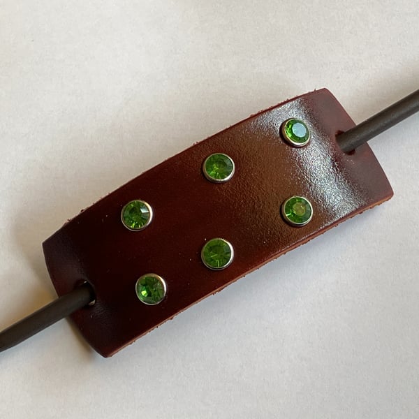 Dyed Brown Leather Hair Stick Barrette With 6 Green Gemstones - FREE SHIPPING