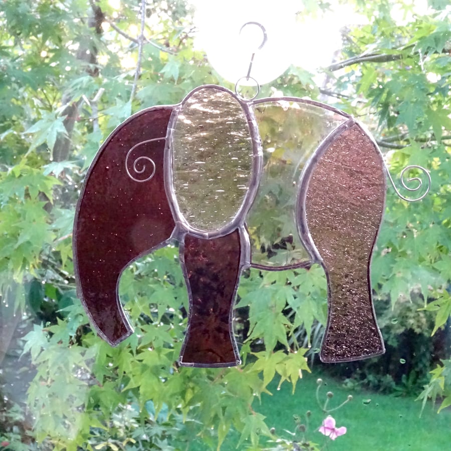 Stained Glass Large Elephant Suncatcher - Handmade Hanging Decoration - Pink 