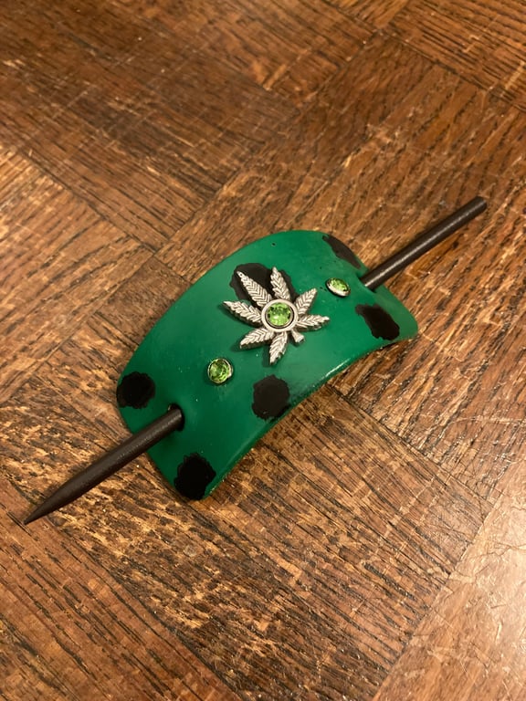 Green & Black Leather Hair Stick Barrette - Pot Leaf and 3 Green Gemstones