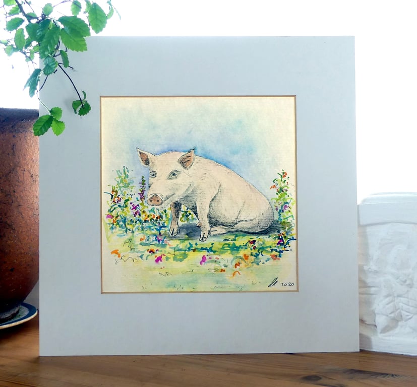 Pink Pig in Flowers Square Watercolour Pen and Ink Painting