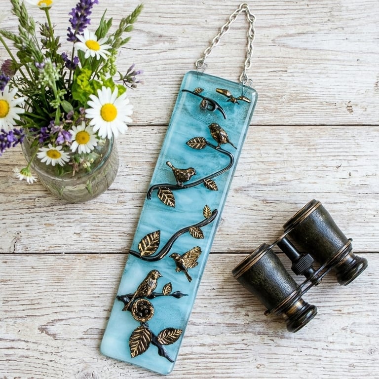 Handmade Fused Glass 3D Birds Hanging Picture - Suncatcher - Bird Wall Art