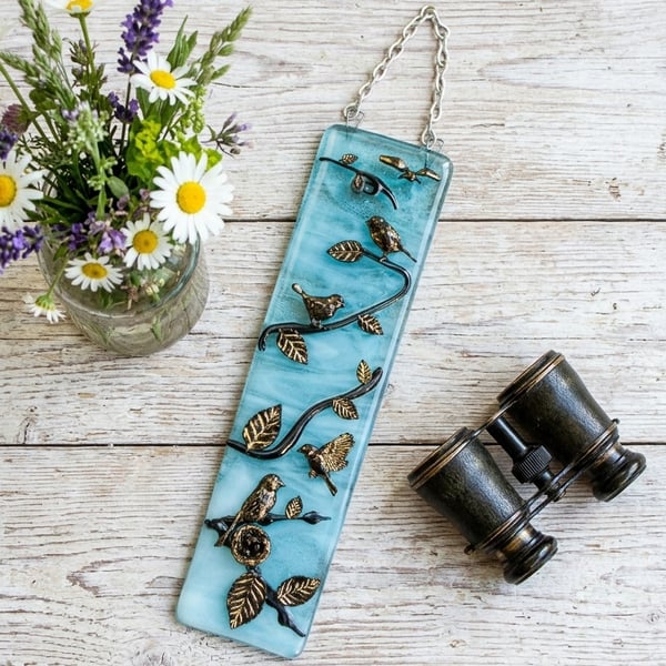 Handmade Fused Glass 3D Birds Hanging Picture - Suncatcher - Bird Wall Art