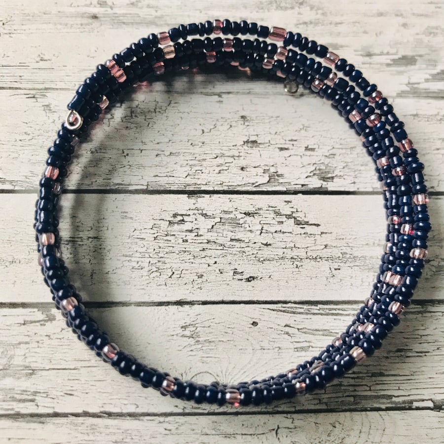 Navy Blue & Pink Seed Beaded Memory Wire Bracelet