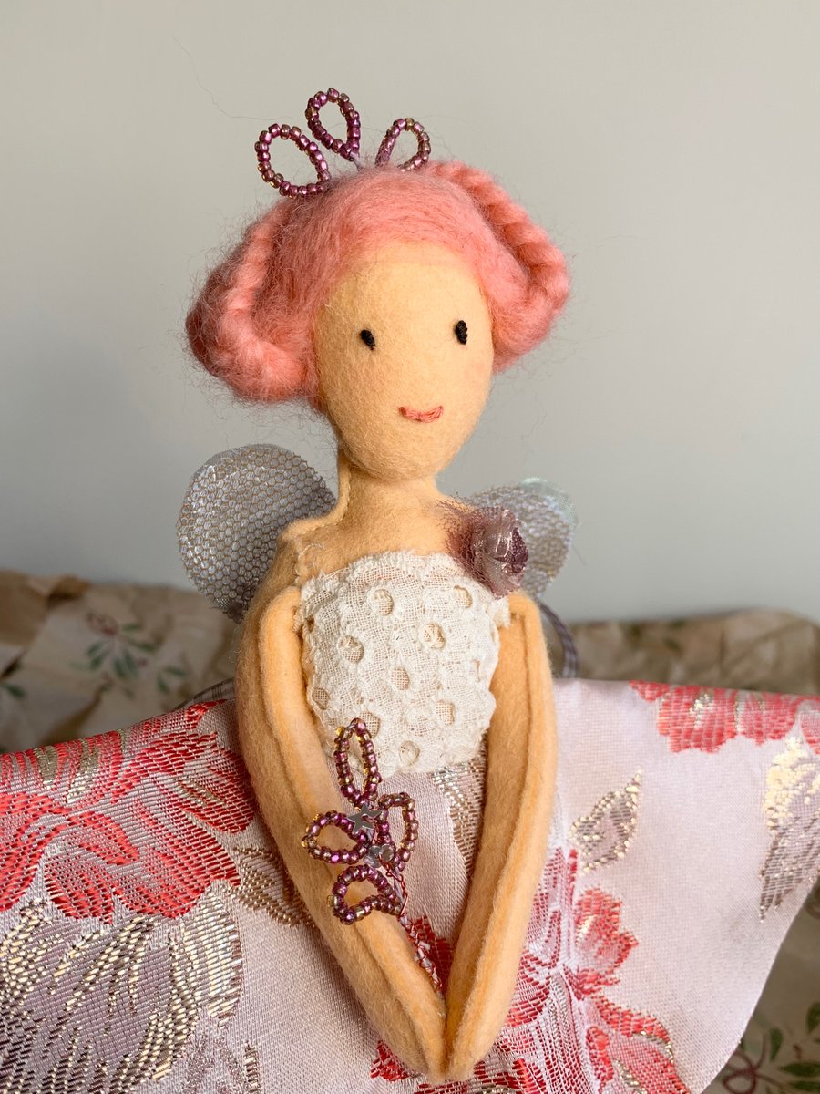 Christmas Tree topper fairy angel with pink hair tiara and brocade dress