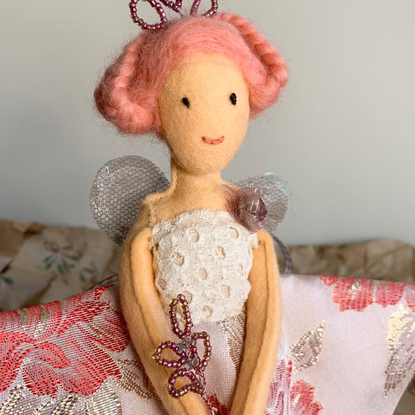 Christmas Tree topper fairy angel with pink hair tiara and brocade dress