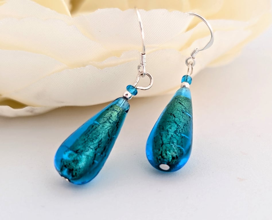 Kingfisher Blue Murano Glass Drop Earrings, Sterling Silver Beads and Ear Wires
