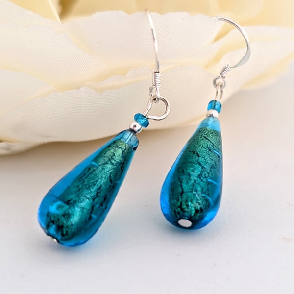 Kingfisher Blue Murano Glass Drop Earrings, Sterling Silver Beads and Ear Wires