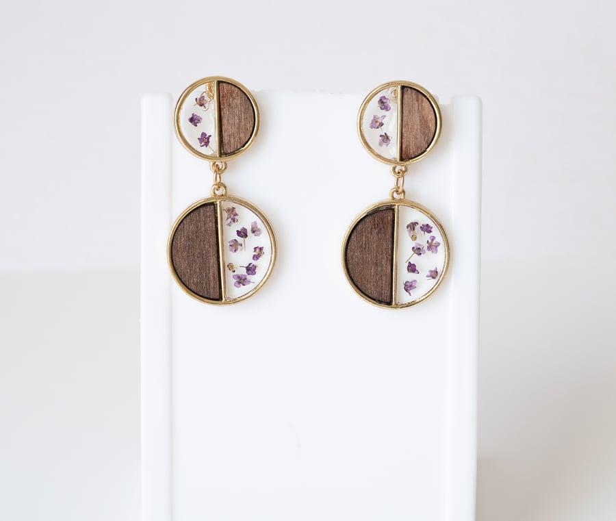 Real flower wood resin earrings studs Geometric jewelry Nature inspired gift 
