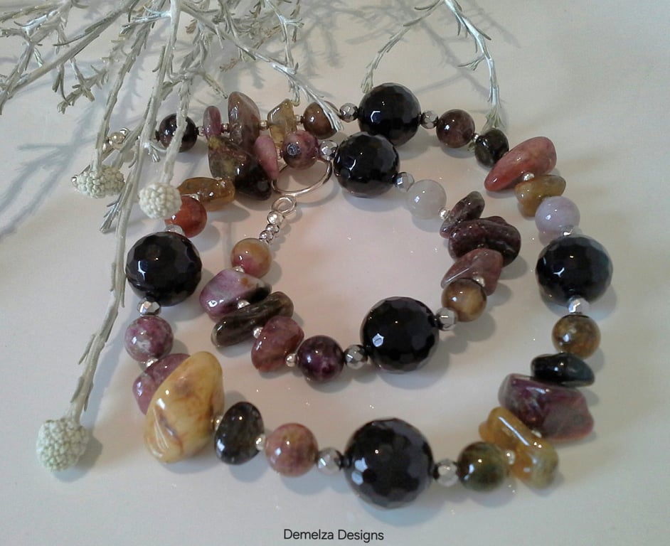 Chunky Designer Genuine Tourmaline & Black Onyx Statement Silver Plate Necklace 