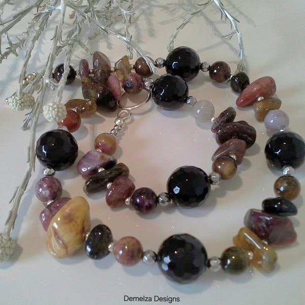 Chunky Designer Genuine Tourmaline & Black Onyx Statement Silver Plate Necklace 