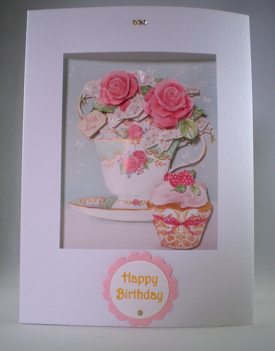 Handmade Decoupage Teacup of Roses ,Cupcake Birthday Card,personalise,3D