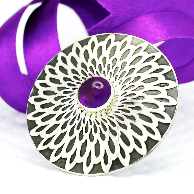 Handmade Amethyst brooch, sterling silver with a flower pattern. Stone choice.