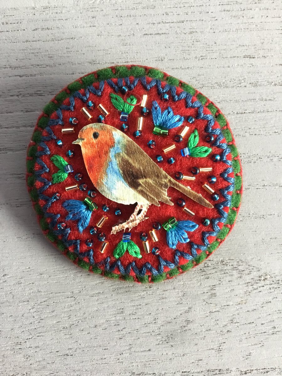 Hand Embroidered Christmas Robin Brooch