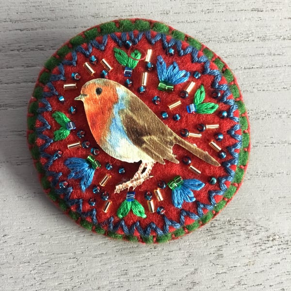 Hand Embroidered Christmas Robin Brooch