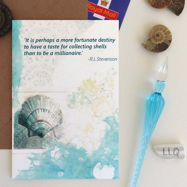 Art card with Robert Louis Stevenson quote shell collecting cellophane free