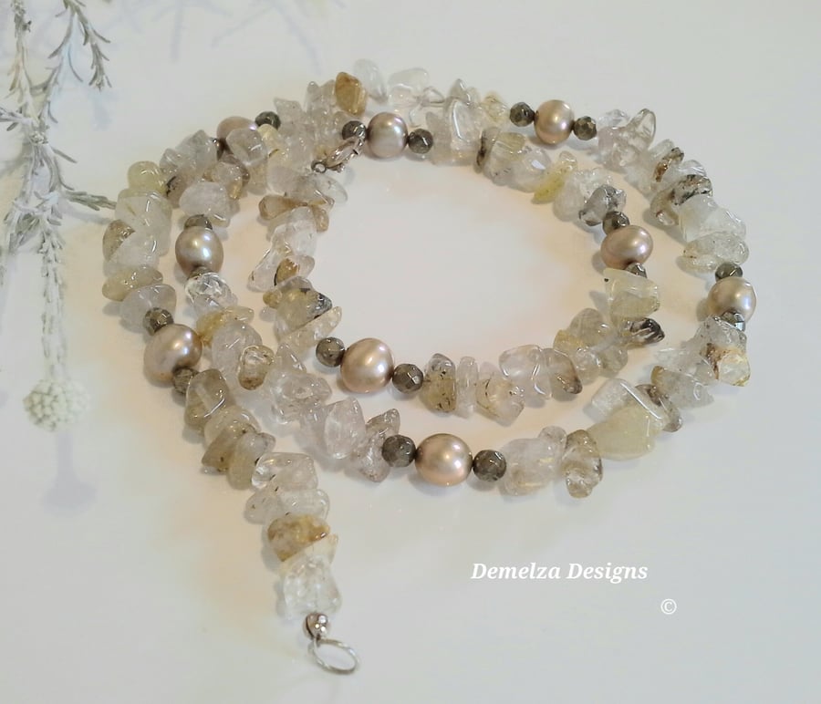 Rutilated Quartz, Freshwater Pearls, Pyrite Sterling Silver Necklace