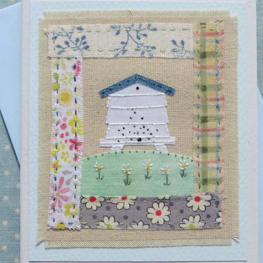 Hand-stitched miniature beehive with bees! Perfect card for framing too!
