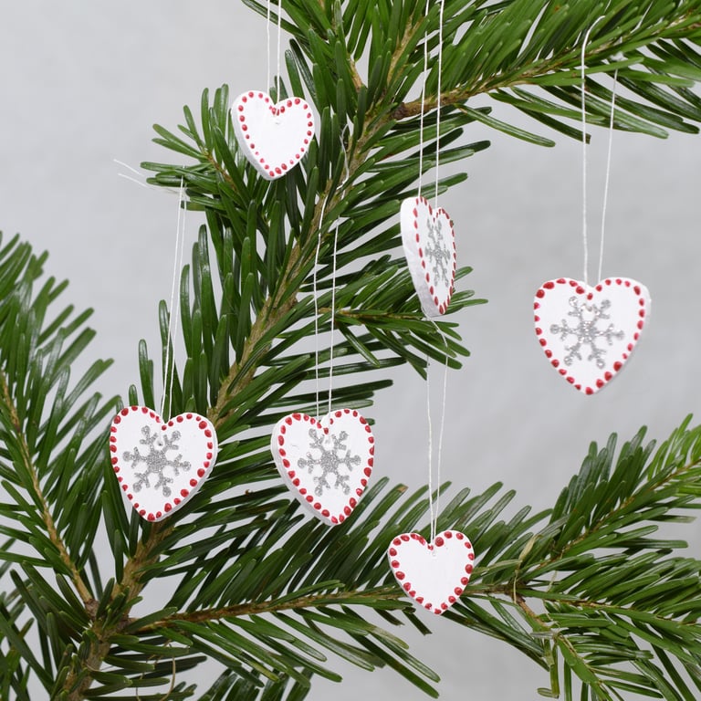 Swedish Nordic Scandi Style Red White Wooden Snowflake Heart Hanging Decorations