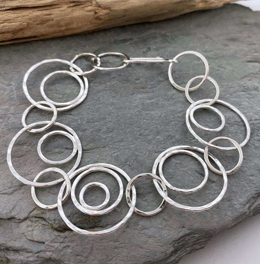 Unique hammered silver chain bracelet with large round links