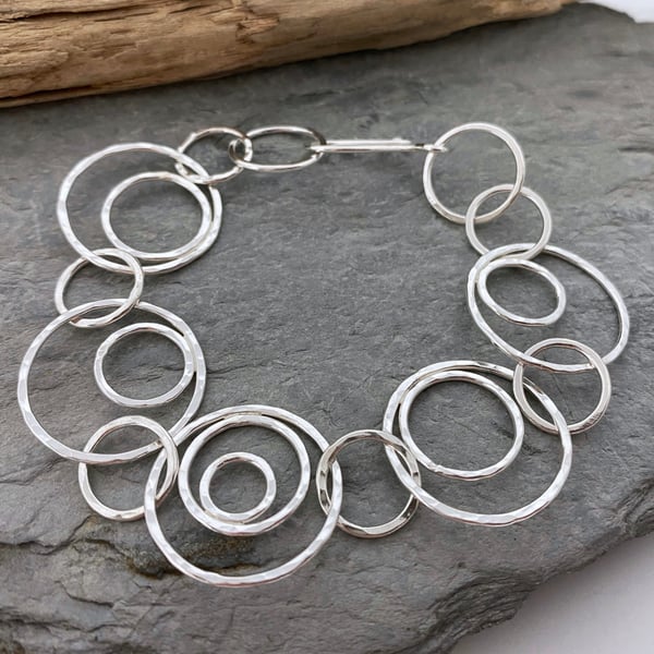 Unique hammered silver chain bracelet with large round links