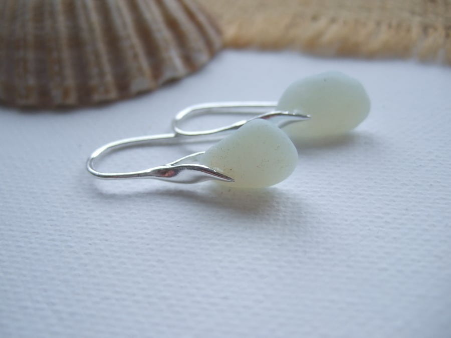 Seaham Sea Glass Opalescent Earrings, Sterling Silver Wave Design Opaque