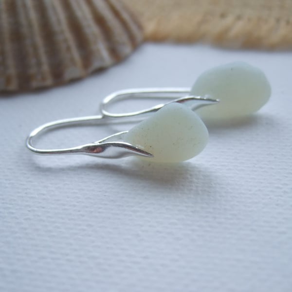 Seaham Sea Glass Opalescent Earrings, Sterling Silver Wave Design Opaque