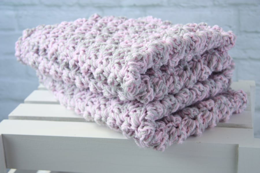 Crochet Baby Blanket, pink and grey baby girl gift for a shower or christening, 