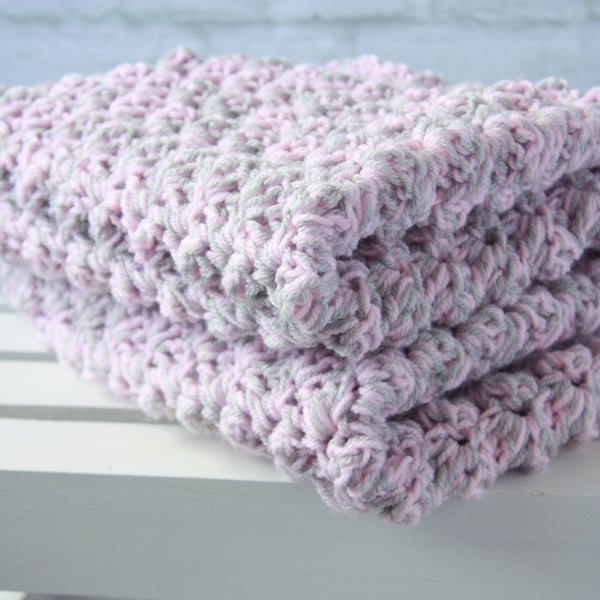 Crochet Baby Blanket, pink and grey baby girl gift for a shower or christening, 