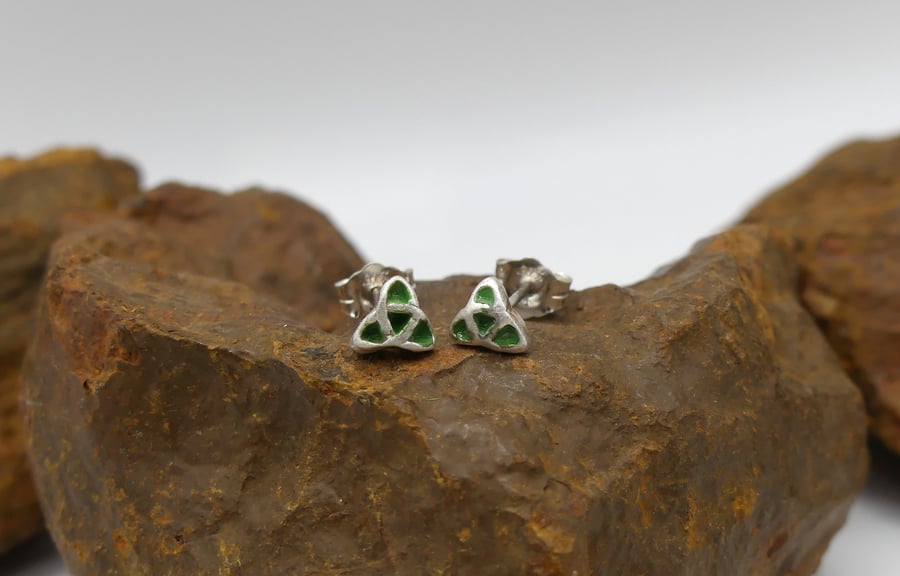 Sterling Silver Triquetra Stud Earrings with Green Patina.