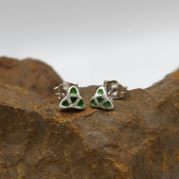 Sterling Silver Triquetra Stud Earrings with Green Patina.