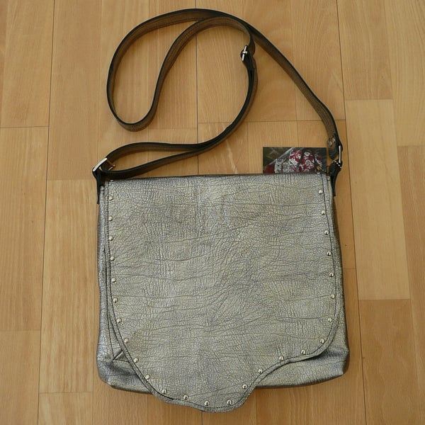 Silver leather crossbody bag, silver shoulder bag, leather biker bag