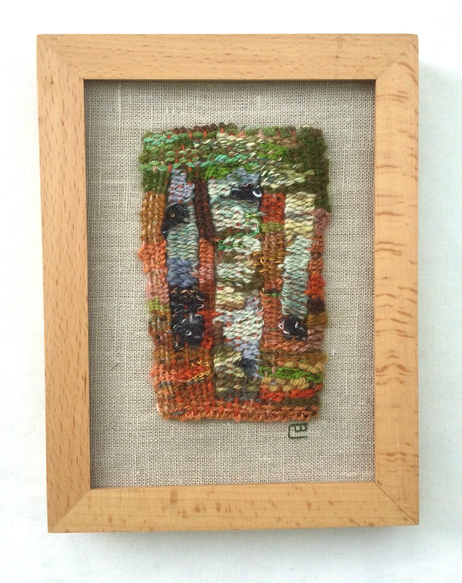 Framed handwoven tapestry weaving, textile wall art, Klimt trees