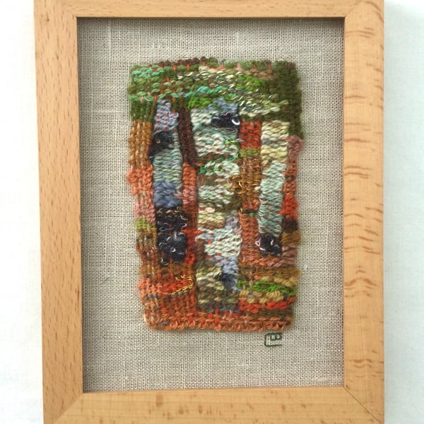 Framed handwoven tapestry weaving, textile wall art, Klimt trees