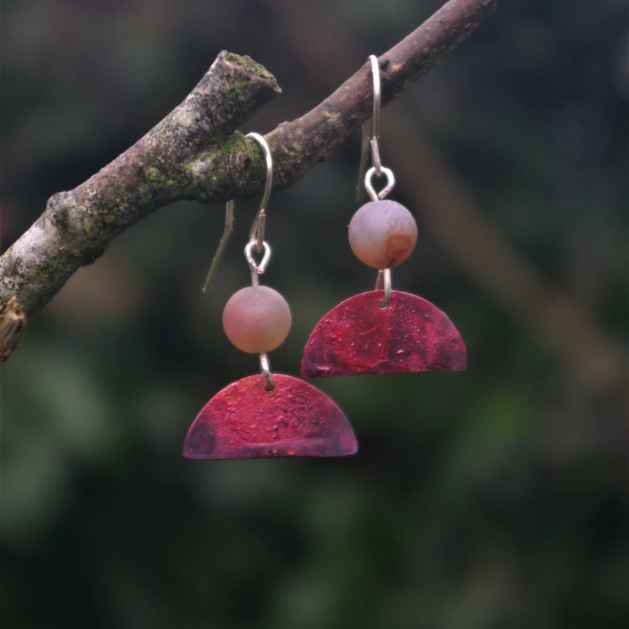 Red Half Moon Earrings with  Amazonite Bead 